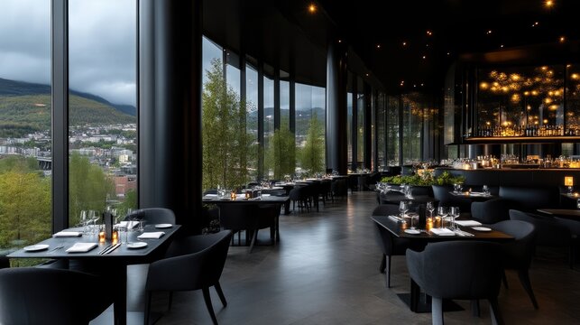 Modern, upscale restaurant with panoramic mountain views.  Dark, sophisticated interior design with large windows showcasing a scenic view.  