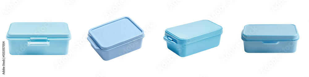 Poster four light blue rectangular plastic storage boxes with lids showing different closure styles