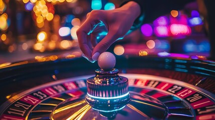 Topdown angle of a croupier holding a roulette ball over a spinning wheel, dynamic lighting, vivid casino color palette, luxurious style