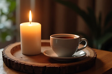 Obraz premium Relaxing evening tea ritual with candle cozy home still life warm atmosphere intimate scene
