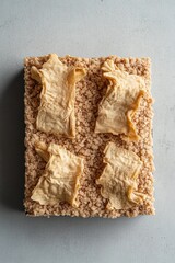 Crispy, textured tofu squares on a bed of toasted rice