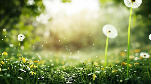 Green grassy field with sun shining through it. Content of the video is a service that provides digital social streaming. Banners advertising wide angle non-fungible token visual. Lifestyle sunny.