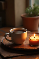 Cozy coffee moment by candlelight warm home beverage scene inviting atmosphere relaxation
