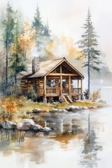 Obraz premium A serene watercolor painting of a rustic lakeside cabin home