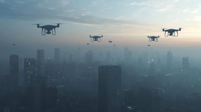 Aerial surveillance: A swarm of drones hover over a city shrouded in atmospheric haze, creating a sense of monitoring and technological presence.