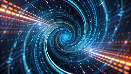 Economic risk impacts market volatility, global economy concept. Digital swirl of light and data representing technology and motion.