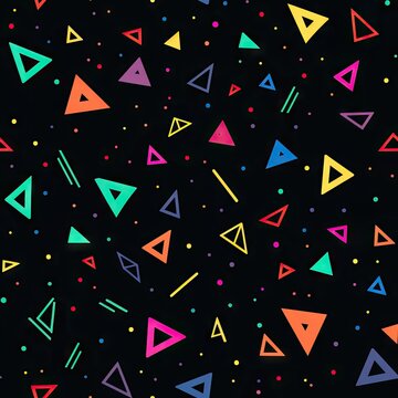 Colorful geometric triangles and lines on black background. Seamless retro 80s pattern. Abstract design for fabric, wallpaper, wrapping paper. Memphis style.