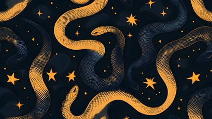 Fototapeta premium Mystical Seamless Pattern with Snakes and Stars for Creative Designs