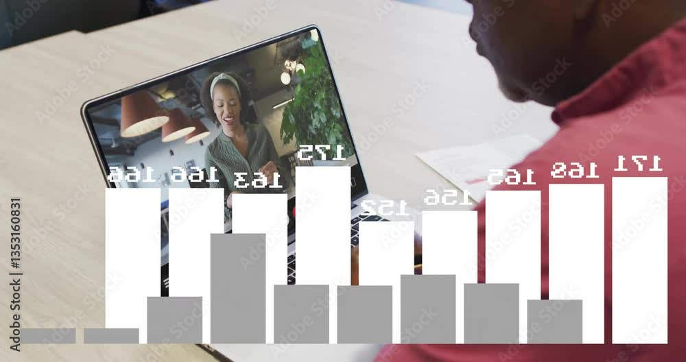 Poster person video conferencing on laptop with bar graph animation overlay