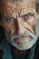Portrait of weathered man gazing intensely. Deep wrinkles etch his face, hinting at a life lived with determination. Eyes hold a spark of wisdom.