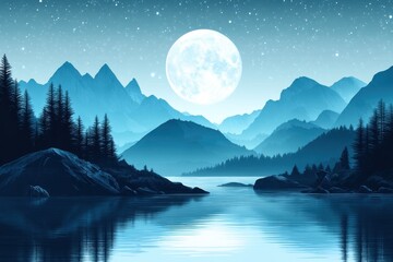 Mysterious landscape under a full moon with a silhouetted tree and foggy surroundings in a quiet wilderness setting during the night