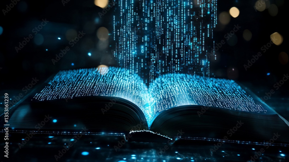 Poster open book with digital data flowing, representing knowledge and information