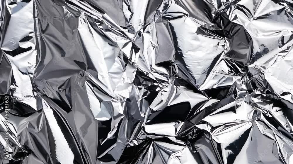 Poster close-up shot of crumpled aluminum foil creating abstract patterns. the texture is ideal for a video