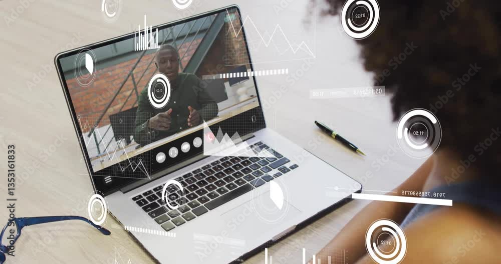 Poster using animation, person in video call with data analytics on laptop screen