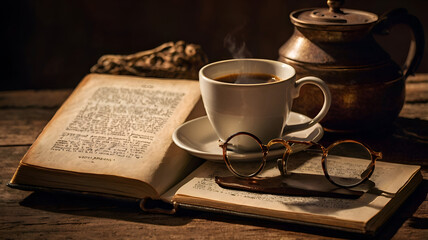A cozy still life with warm lighting: a steaming cup of coffee, an old book, and a pair of reading glasses