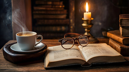 A cozy still life with warm lighting: a steaming cup of coffee, an old book, and a pair of reading glasses