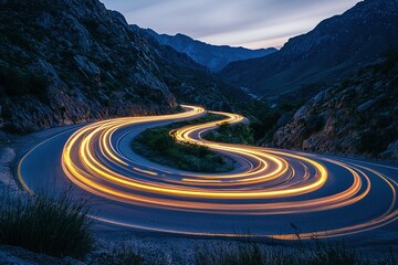 Scenic Highway Through Rocky Terrain at Night With Motion Blur Light Trails