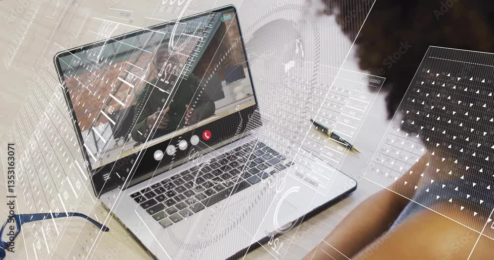 Poster showing animation of digital data processing, laptop on video call interface