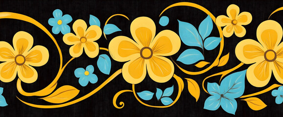 Yellow & blue floral border, dark background, seamless pattern, design element