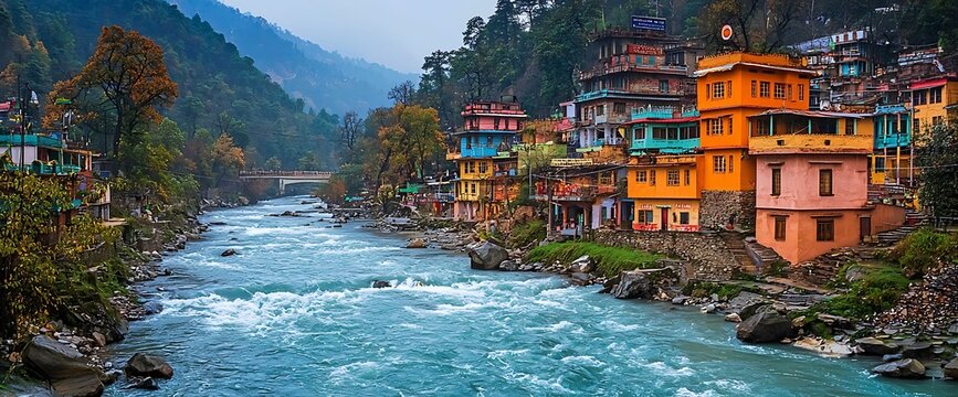 Colorful Himalayan Village River Scene.