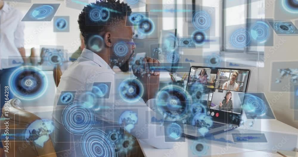 Poster man participating in video conference with digital data processing animation overlay