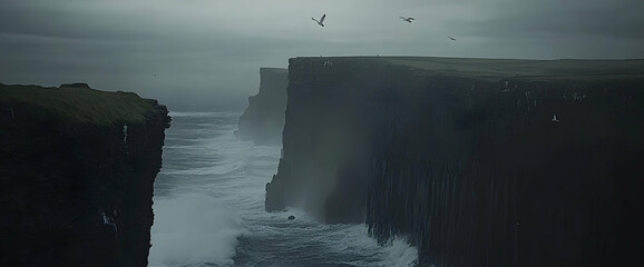 Dramatic coastal cliffs, ocean waves crash, birds fly, moody sky, travel photography