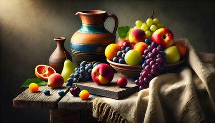 A vibrant still life scene featuring colorful fruits in a bowl, a ceramic jug, and a folded linen cloth on a rustic table