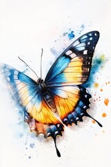 A watercolor painting depicts a colorful butterfly in flight