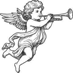 Naklejka premium Vintage Cherub with Trumpet Vector Illustration 