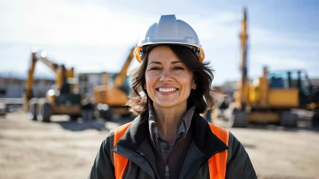 A video still shows a smiling construction worker in a hard hat and vest, captured from a low-angle, with blurred machinery in the background.