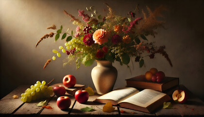 A still life scene with a vase of fresh flowers, an open book, and scattered fruits on a wooden table, The vase holds a vibrant bouquet