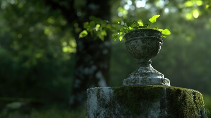 Rustic stone urn in a verdant garden setting
