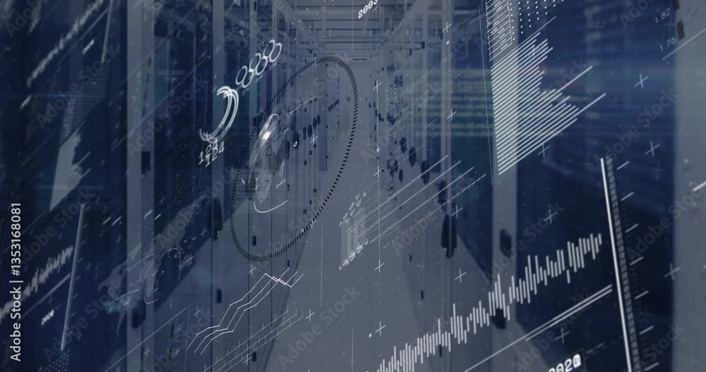 Poster Data processing animation over people working in server room environment