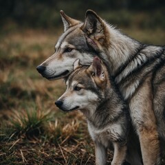 Fototapeta premium A wolfdog gently nuzzling its tiny pup.A wolfdog gently nuzzling its tiny pup.A wolfdog gently nuzzling its tiny pup.A wolfdog gently nuzzling its tiny pup.A wolfdog gently nuzzling its tiny pup.