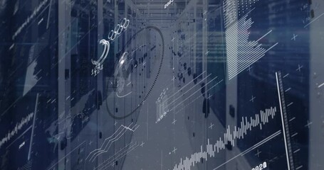 Data processing animation over people working in server room environment - Powered by Adobe