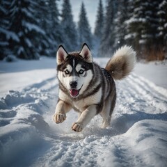 A husky puppy following its mother through the snow.