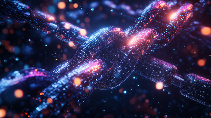 A highly detailed 3D rendering of a futuristic blockchain network with glowing nodes and digital blocks interconnected to ensure secure transactions in a cyberpunk-inspired digital world.