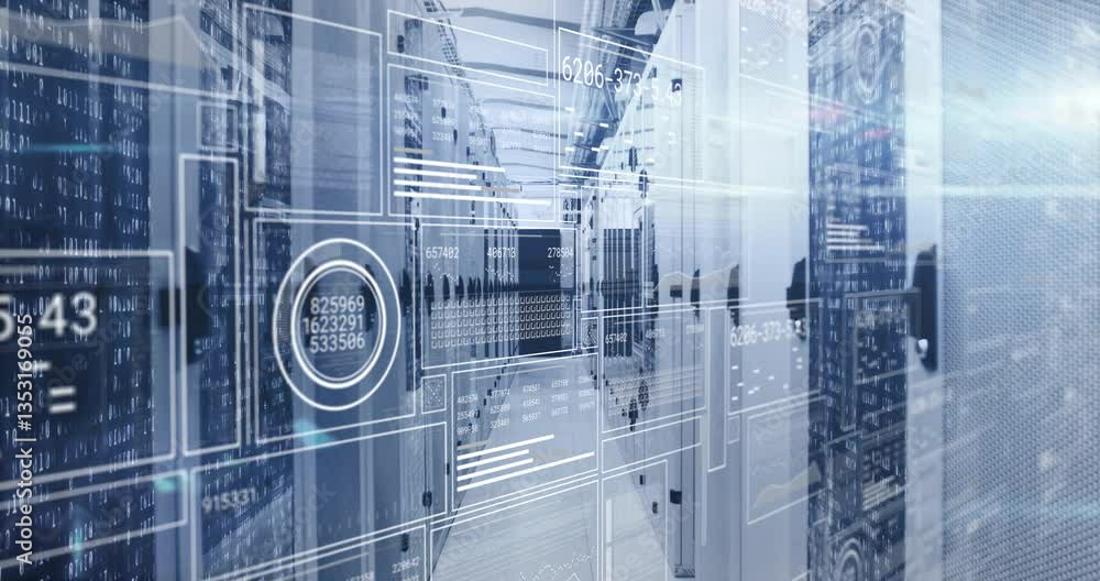Poster digital data processing animation over modern server room with futuristic interface