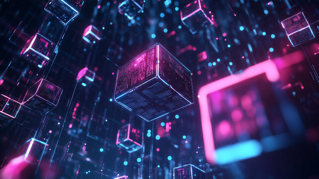 A high-resolution 3D render of a blockchain system with virtual blocks suspended in mid-air, glowing with neon lights.