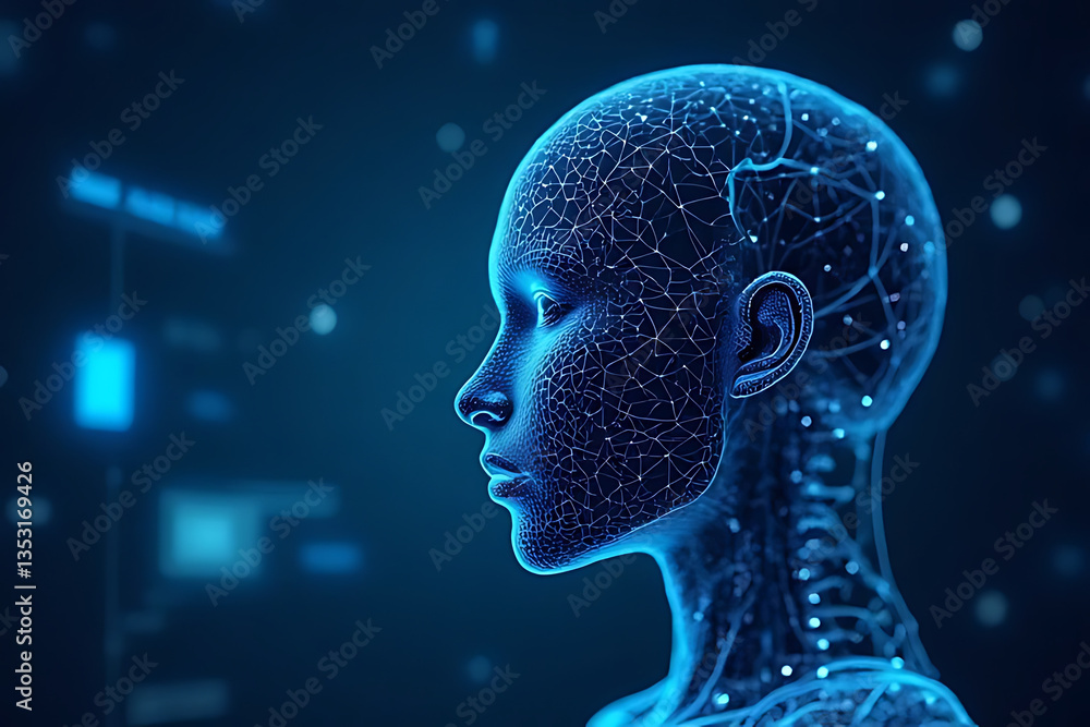 Poster digital art and ai innovations tech conference in a futuristic setting - side view exploration