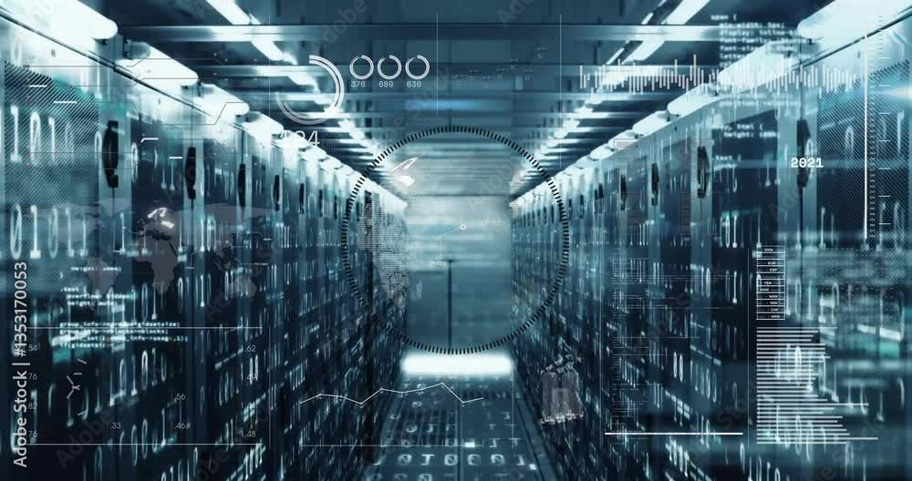 Poster animation of futuristic data center with holographic elements in corridor