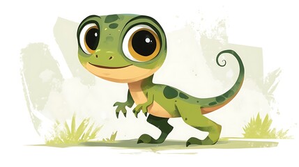 Fototapeta premium A Smiling Green Cartoon Dinosaur Standing On A Grassy Surface