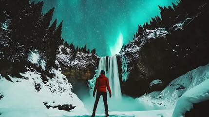 Man gazing at winter waterfall, aurora borealis