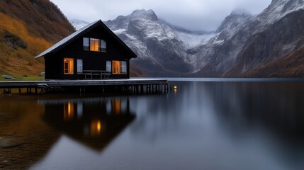 Fototapeta premium Tranquil cabin on a serene lake, nestled amongst mountains