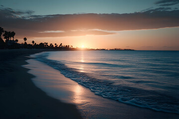 Sunrise over tranquil beach, palm trees, ocean; travel photography