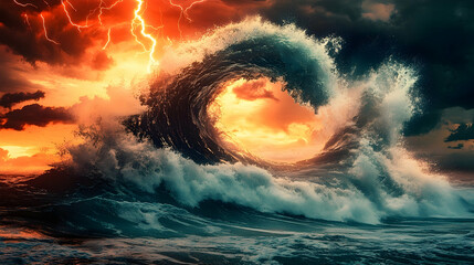 Ocean wave, lightning storm, sunset, dramatic nature scene