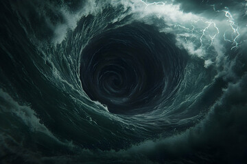 Ocean vortex, storm, dark, swirling water, lightning, nature disaster, illustration