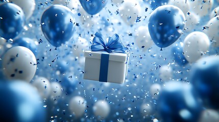 A gift box is surrounded by floating balloons and confetti