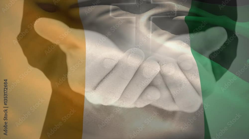 Poster hands holding light with cross over irish flag in animation style