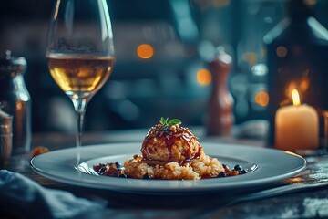 Beautifully Crafted Gourmet Dish With Artistic Presentation in a Romantic Atmosphere